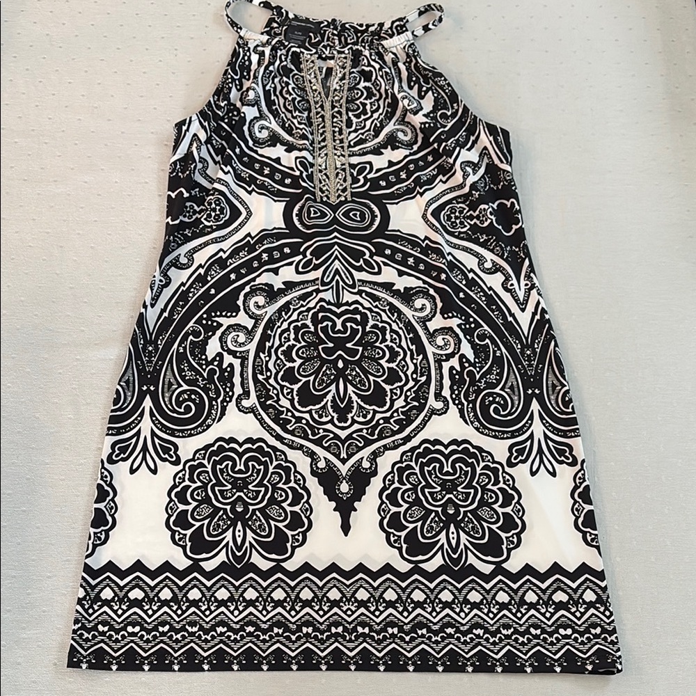INC Black and White Sleeveless Halter Dress